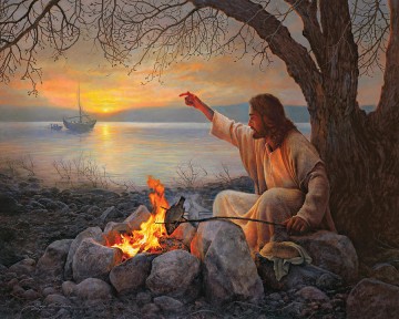 Jésus Christ rôtir du poisson Peinture à l'huile